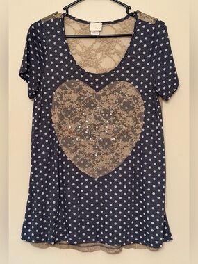 Daytrip gray and white polka dot top with beige lace details and rhinestones